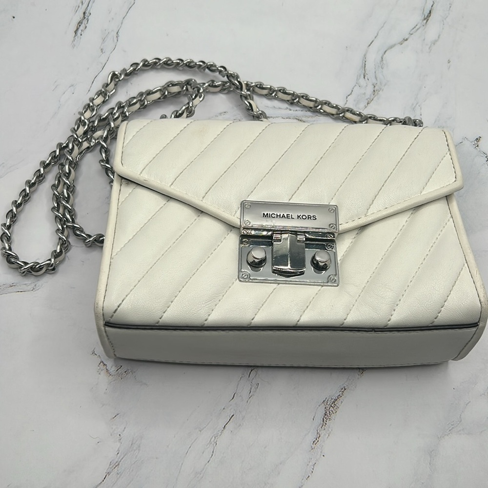 Michael Kors White Quilted Leather Crossbody Purse Small Handbag Silver Hardware - Picture 6 of 16